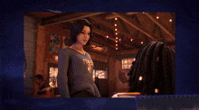 a woman with blue hair is talking to a man in a videogame