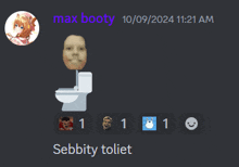 a screenshot of a discord conversation between max booty and sebiity toilet