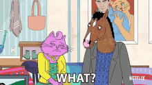 a cartoon of a cat a horse and a man says what