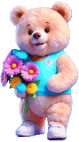 a teddy bear wearing a blue shirt is holding a bunch of flowers