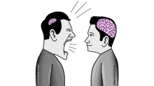 a cartoon of two men with brains on their heads talking to each other