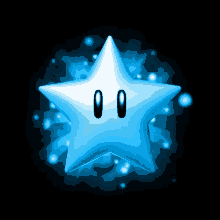 a blue star with two eyes and a black nose on a black background