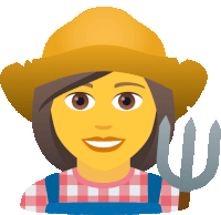 a woman wearing a straw hat and overalls holds a pitchfork