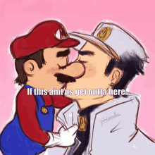 a drawing of mario and jotaro kissing with the caption if this ain t us get outta here