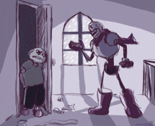 a drawing of a skeleton standing next to another skeleton with a purple boot on