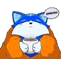 a cartoon of a cat holding a cup of coffee and a speech bubble that says gmeow