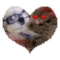 a pixel art of a cat with glasses and a dog with hearts in their eyes