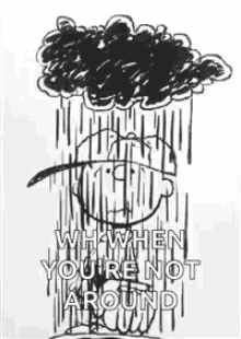 a black and white drawing of a person with a cloud over their head .