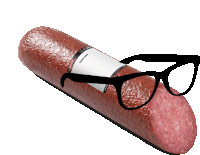 a sausage with glasses and a label that says ' swiss beef ' on it