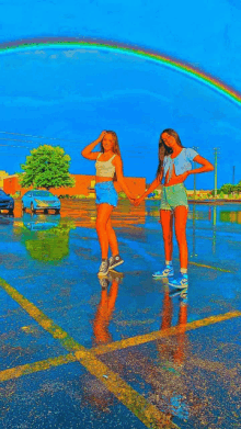 two girls standing in a parking lot under a rainbow