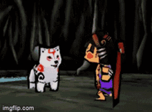 a cartoon of a wolf fighting a man in a video game .