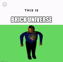 a man in a blue shirt with the words this is brick universe on the top