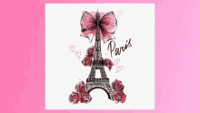 the eiffel tower is decorated with pink roses and a pink bow and the word paris is on the bottom