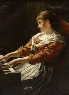 a painting of a woman playing a piano with a scarf around her neck