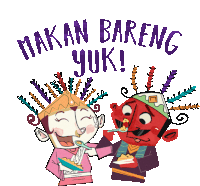 a cartoon illustration of a man feeding another man with the words makan bareng yuk