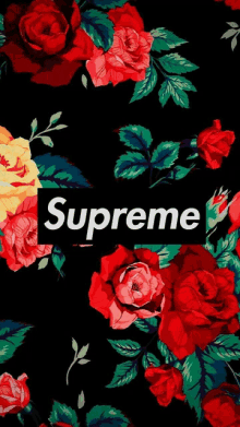 a black background with red and yellow roses and the word supreme on it .