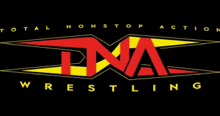 a logo for tna wrestling shows a red and yellow logo on a black background