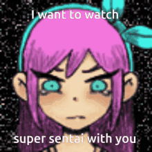 a picture of a girl with purple hair and blue eyes says i want to watch super senpai with you