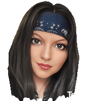 a woman wearing a blue bandana on her head with the letter t on the bottom