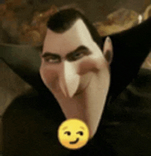 a close up of a cartoon vampire with a smiley face in front of him .