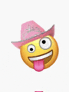 a yellow smiley face wearing a pink cowboy hat with its tongue out .