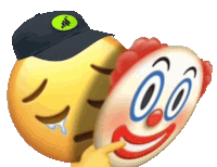 a smiley face wearing a black hat is holding a clown face