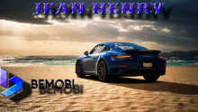 a blue sports car on a beach with the name jean henry written above it