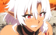 a girl with white hair and red eyes is making a face