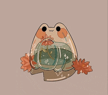 a frog is sitting inside of a glass dome with a flower in it .