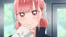 a girl with pink hair and white eyes covering her mouth with her hand