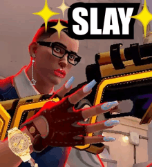 a woman with long nails is holding a gun with the words slay above her