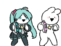 a drawing of hatsune miku and a white rabbit holding tambourines