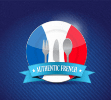 a plate with a knife fork and spoon on it with authentic french written on a blue ribbon