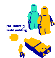 a blue and yellow lego figure with the words pw team-n build written below it