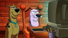 scooby doo and courage the cowardly dog looking at a computer monitor