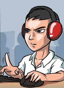 a cartoon of a man wearing headphones while using a computer mouse and keyboard .