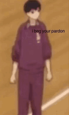 a blurry picture of a person standing on a field with the words `` i beg your pardon '' written on the bottom .