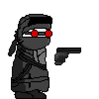 a pixel art of a man with red glasses holding a gun .