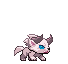 a pixel art of a wolf with horns and blue eyes walking on a white background .