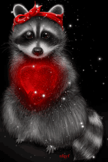 a raccoon holding a red heart with the name nfuyf on the bottom right