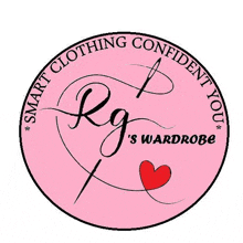 the logo for rg 's wardrobe is a pink circle with a red heart in the center .