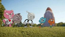 a group of cartoon characters are standing next to each other in a field .