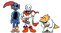 a pixel art of undertale characters including papyrus and alphys standing next to each other .