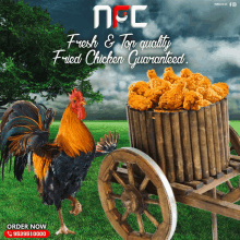 a rooster standing next to a cart full of fried chicken