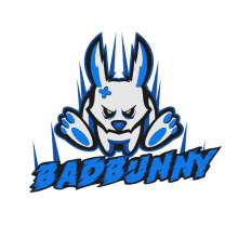 a bad bunny logo with a white bunny with a blue bandage on its head