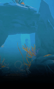 a computer generated image of a coral reef with a shark in the background