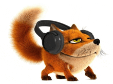 a cartoon fox wearing headphones with a serious look on his face