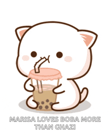 a cartoon of a cat drinking a cup of bubble tea