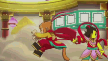 a monkey and a woman are fighting in a cartoon scene .