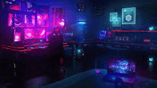 it looks like a futuristic room with a lot of neon lights and a lot of computers .